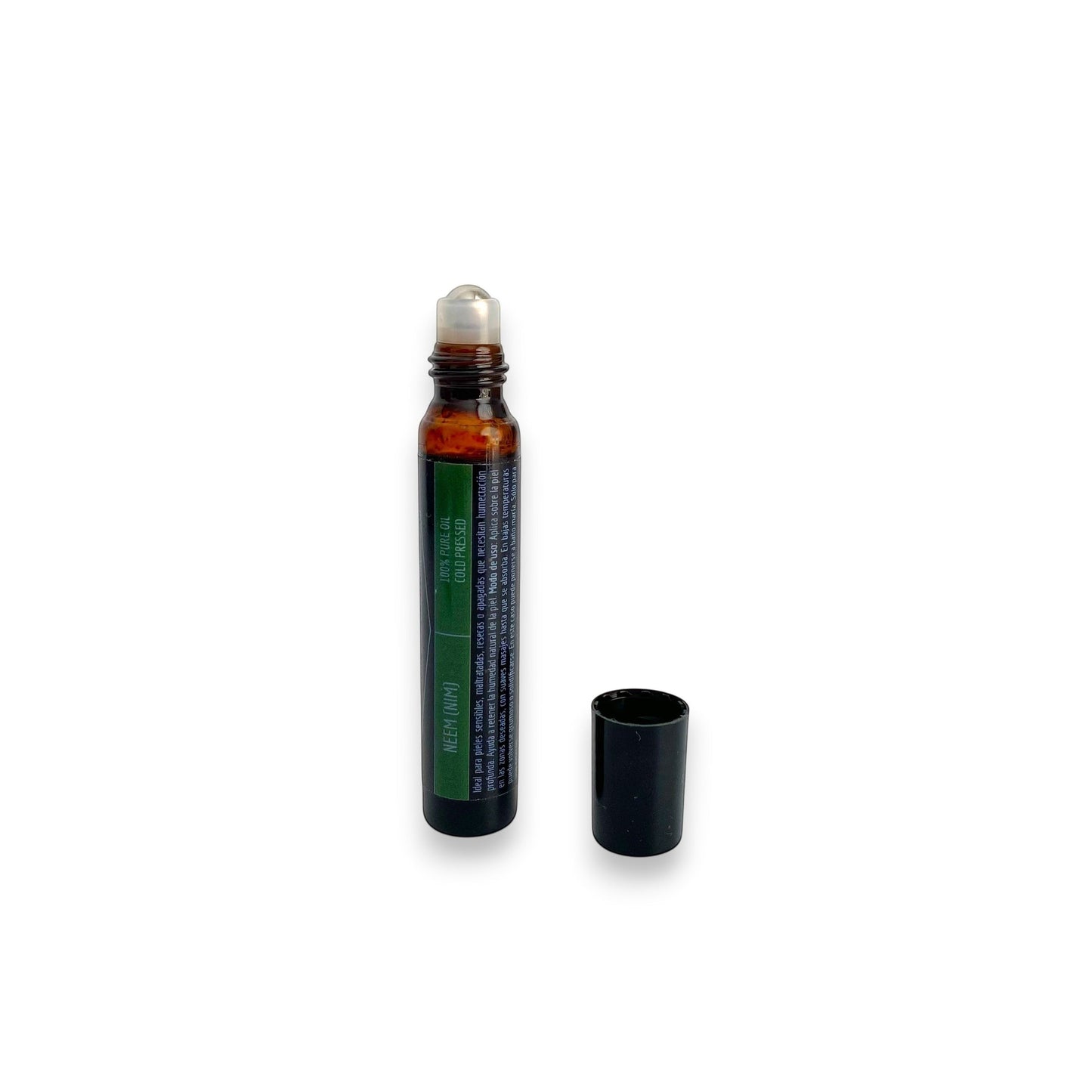 Aceite puro de neem HILLS GARDEN en formato roll-on con envase de vidrio ámbar para aplicación tópica en la piel.