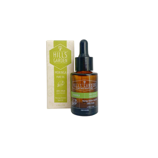 HILLS GARDEN 30ml pure cold-pressed moringa oil in an amber glass dropper bottle with its matching product box.